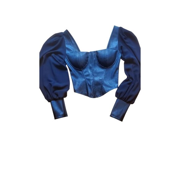 Parisian Tops - Black Long Sleeve Faux Leather Corset Bustier Sheer Sleeves Milkmade Goth Small